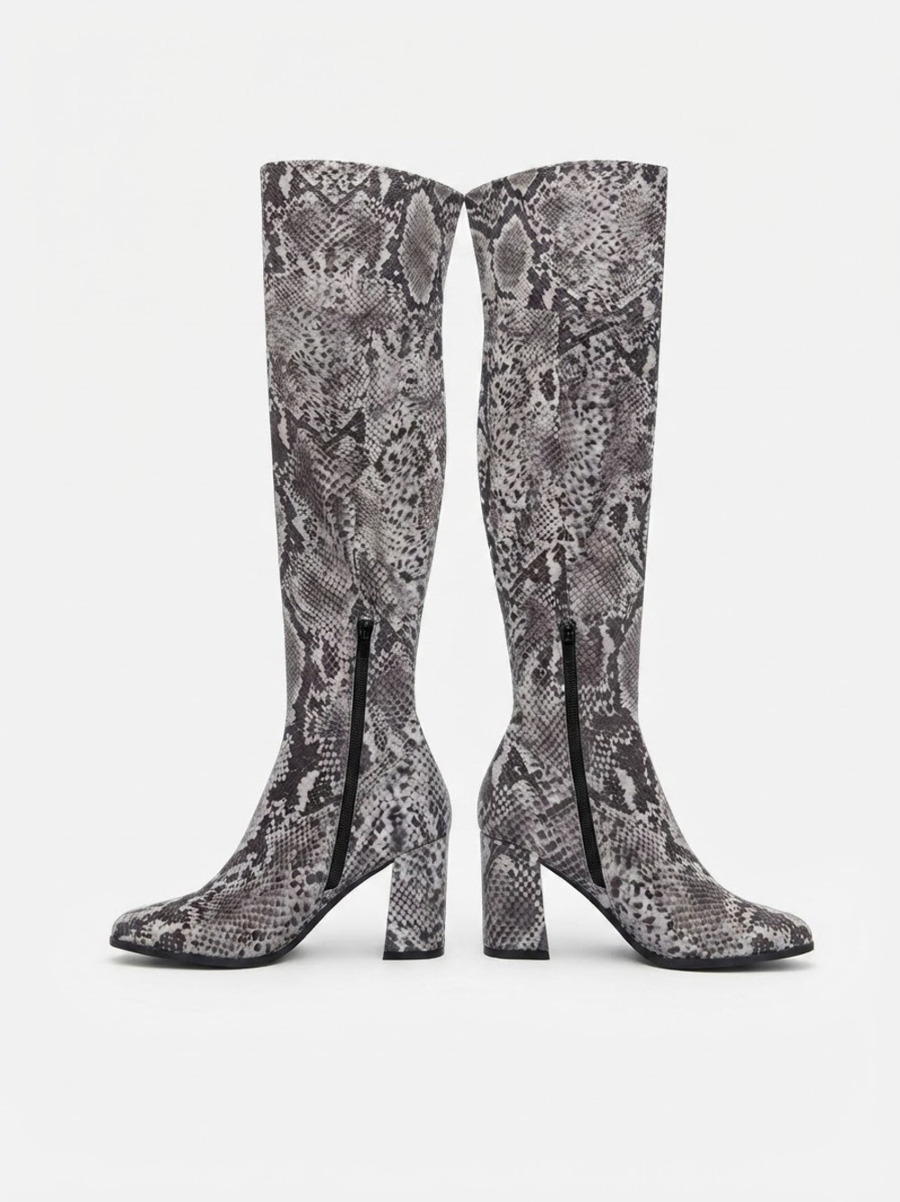 Women’s Knee-High Snake Print Block Heel Boots - Grey SIZE 8